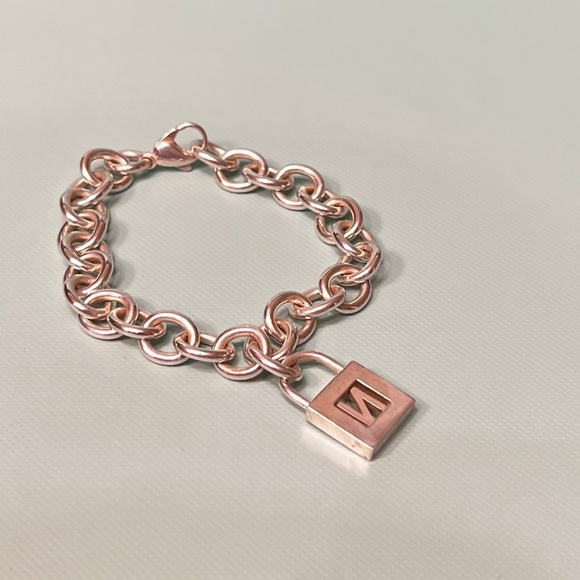Tiffany & Co Sterling Silver Charm Bracelet with Letter N Padlock Charm - Picture 11 of 14
